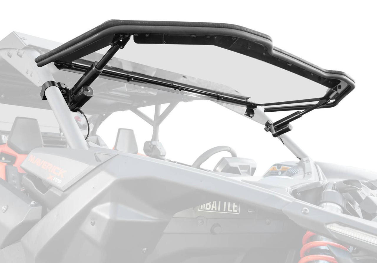 SuperATV Can-Am Maverick X3 MaxDrive Power Flip Windshield with electric actuators, 1/4 inch polycarbonate, XR Optic hard coating, dash rocker control