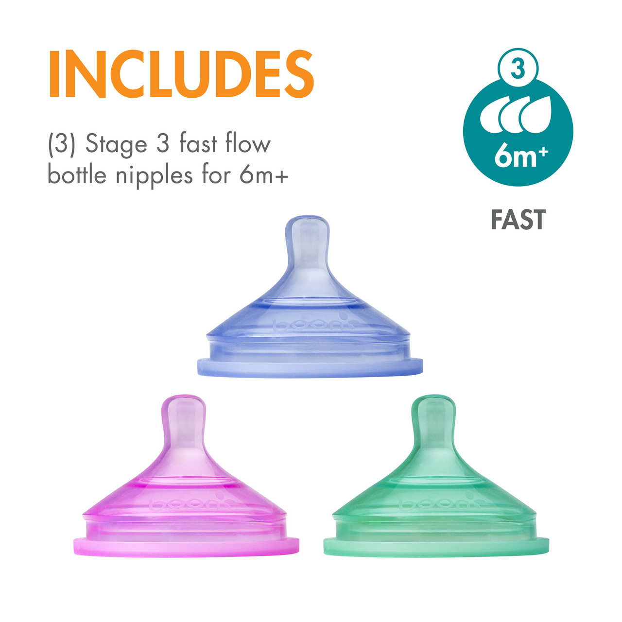 Boon NURSH Colorblock Nipples, Fast Flow/3 pk