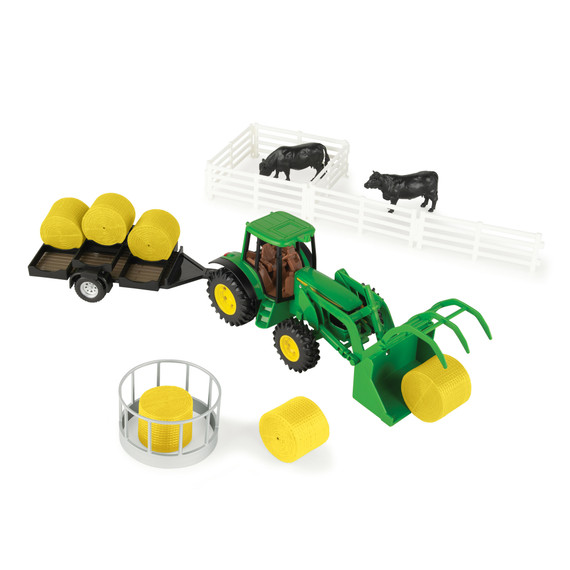 John Deere 1:32 Scale Haying Set, with Tractor, Trailer, Farm Animals and More 47519A