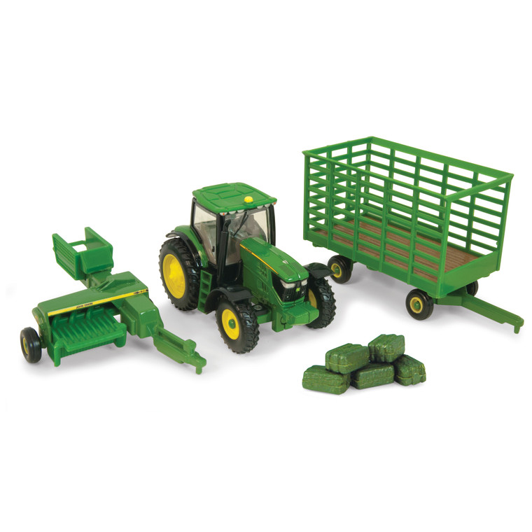 John Deere 1:64 Scale  6210R Tractor with 338 Square Baler, Bale Wagon & Bales 45439