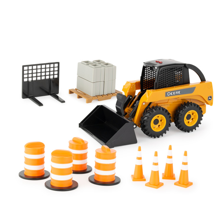 John Deere 1:16 Scale Skid Steer Toy Set with Barrels, Cones and Blocks – Ages 3+ 47349