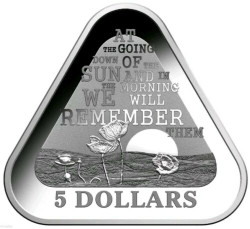 2014 Australia $5 ANZAC Day LEST WE FORGET Triangular PROOF Silver Coin.
