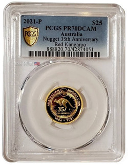 2021 1/4 Oz PROOF GOLD $25 Australia 35th Anniversary KANGAROO NUGGET PR70DCAM Gold Shield Coin.