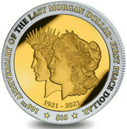 2021 1 Oz Silver $10 British Virgin Islands 100 YEARS OF MORGAN N PEACE Dollar Gilded Coin.