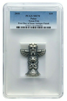 2018 2 Oz Silver PALAU $10 TOTEM POLE Antique Finish PCGS MS70 FDOI Coin. 