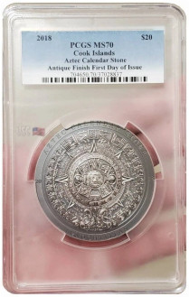 2018 3 Oz Silver $20 Cook Island AZTEC CALENDAR STONE PCGS MS70 FDOI Antique Finish Coin. 