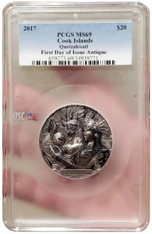 2017 3 Oz Silver $20 Cook Island Gods Of The World QUETZALCOATL MS69 FDOI Antique Finish Coin.