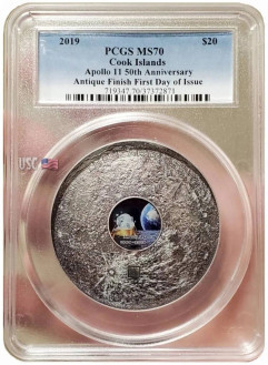 2019 3 Oz Silver APOLLO 11 50TH ANNIVERSARY Antiqued Finish MS70 FDOI Coin.
