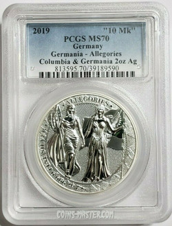 2019 2 Oz Silver 10 Mark GERMANIA N COLUMBIA MS70 Coin.