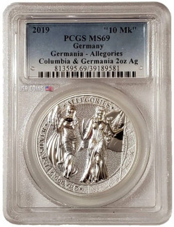 2019 2 Oz Silver 10 Mark GERMANIA N COLUMBIA MS69 Germania Allegories Coin.