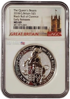 2018 2 Oz Silver £5 Great Britain Queen Beast BLACK BULL NGC MS69 Early Releases Coin.