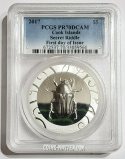 2017 1 Oz Silver $5 Cook Islands SECRET RIDDLE PR70DCAM First Day Of Issue Coin.