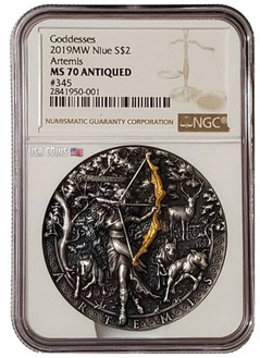 2019 2 Oz Silver $5 Niue ARTEMIS Itgoddesess NGC MS70 Antique Finish High Relief Coin.