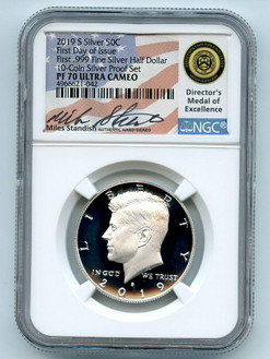 2019-S 50C KENNEDY NGC PF70UCAM FDOI Miles Standish Silver Coin.