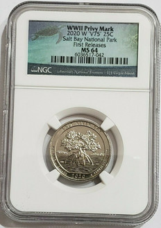 2020-W 25C SALT RIVER BAR 75TH ANNIV OF END OF WORLD WAR II NGC MS64 V75 Privy First Releases Coin.