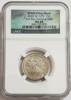 2020-W 25C SALT RIVER BAR 75TH ANNIV OF END OF WORLD WAR II NGC MS65 V75 Privy Coin.