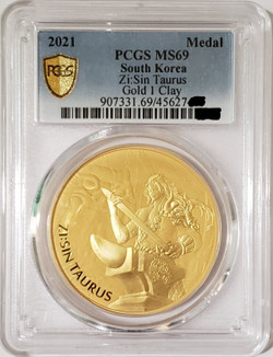 2021 1 Oz GOLD South Korea ZI:SIN TAURUS PCGS MS69 Coin.