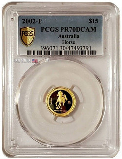 2002 1/10 Oz GOLD $15 Australia YEAR OF THE HORSE Serie 1 PCGS PR70DCAM Gold Shield Proof Coin.