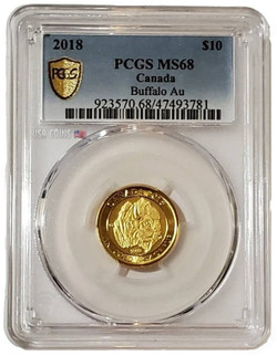 2018 1/4 Oz GOLD $10 Canadian BUFFALO PCGS MS68 Gold Shield Coin.