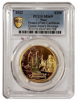 2022 1 Oz GOLD $250 Niue Disney Pirate Of The Caribbean QUEEN ANNES REVENGE PCGS MS69 Gold Shield Coin.