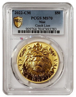 2022 1 Oz GOLD $50 Niue REVERSE PROOF CZECH LION PCGS MS70 Gold Shield Coin.