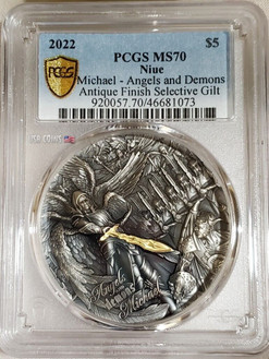 2022 2 Oz Silver $5 Niue Angels And Demons MICHAEL PCGS MS70 Gold Shield Coin.