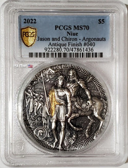 2022 2 Oz Silver $5 Niue Argonauts JASON N CHIRON PCGS MS70 Gold Shield Coin.
