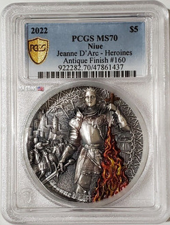 2022 2 Oz Silver $5 Niue Heroines JOANNA D'ARC PCGS MS70 Gold Shield Coin.