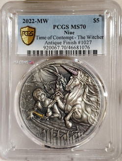 2022 2 Oz Silver $5 Niue The Witcher TIME OF CONTEMPT PCGS MS70 Gold Shield Coin.