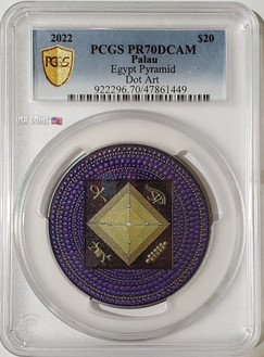 2022 3 Oz Silver $20 Palau Dot Art EGYPT PYRAMID PCGS PR70DCAM Gold Shield Coin.