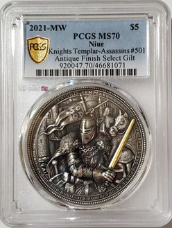 2021 2 Oz Silver $5 Niue Assassins KNIGHTS TEMPLAR PCGS MS70 Gold Shield Coin.