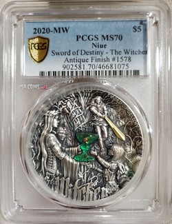 2020 2 Oz Silver $5 Niue The Witcher SWORD OF DESTINY PCGS MS70 Gold Shield Label Small Slab Coin.
