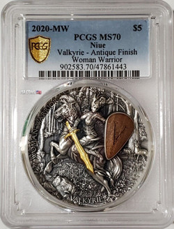 2020 2 Oz Silver $5 Niue Woman Warrior VALKYRIE PCGS MS70 Gold Shield Small Slab Coin.