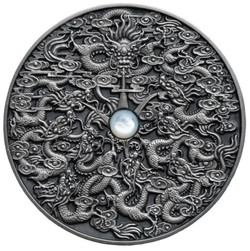 2020 2 Oz Silver $5 Niue Chinese Legends NINE DRAGONS Antique Finish Coin WITH Mother Of Pearl Insert.