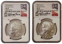 2023-P $1 MORGAN N PEACE DOLLAR NGC MS70 FDOI Lindall Bass Signature Coins Silver Set.