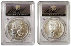 2023-P $1 MORGAN N PEACE DOLLAR PCGS MS70 FDOI David Hall Signature Silver Coins Set.