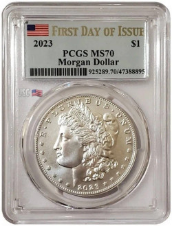 2023-P $1 MORGAN DOLLAR PCGS MS70 First Day Of Issue US Flag Label Silver Coin.