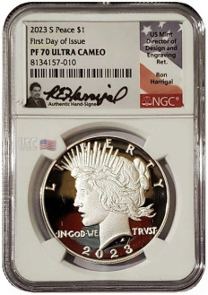 2023-S $1 PEACE DOLLAR NGC PR70UCAM FDOI Ron Harrigal Signature Silver Proof Coin.