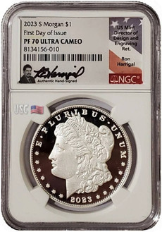 2023-S $1 MORGAN DOLLAR NGC PR70UCAM FDOI Ron Harrigal Signature Silver Proof Coin.