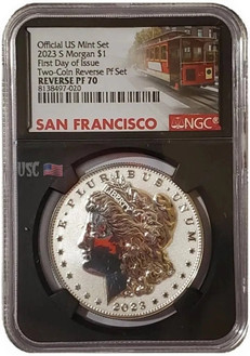 2023-S Reverse Proof MORGAN DOLLAR NGC PF70 First Day Of Issue Trolley Label Black Slab Silver Coin.