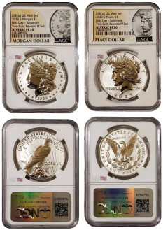 2023-S $1 Reverse Proof MORGAN N PEACE DOLLAR NGC PF70 First Day Baltimore Yellow Label Silver Coins Set.