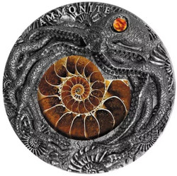 2019 2 Oz Silver $5 Niue Fossil Amber AMMONITE Antique Finish Coin.