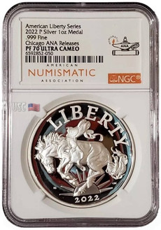 2022-P 1 Oz Silver AMERICAN LIBERTY NGC PF70UCAM Chicago Ana Releases Proof Medal.