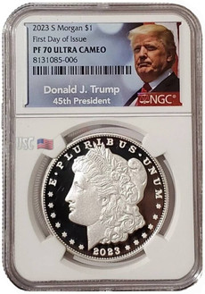 2023-S $1 MORGAN DOLLAR NGC PR70UCAM FDOI Donald Trump Label Silver Proof Coin.