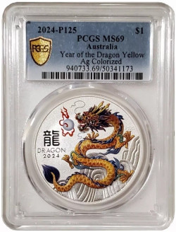 2024 1 Oz Silver $1 Australia YELLOW YEAR OF THE DRAGON PCGS MS69 Colored Coin.