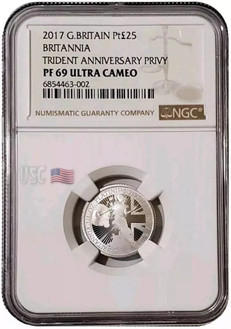 2017 1/4 Oz PLATINUM £25 Great Britain BRITANNIA Queen Elizabeth II NGC PF69UCAM Coin WITH Trident Anniversary Privy.
