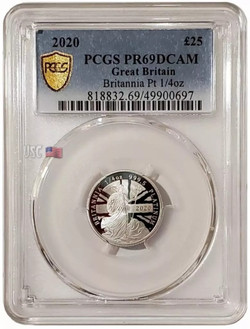 2020 1/4 Oz PLATINUM £25 UK BRITANNIA PCGS PF69DCAM Gold Shield Label Coin.