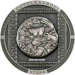 2021 3 Oz Silver Mongolia COYOLXAUHQUI STONE Archeology Symbolism Antiqued Coin.