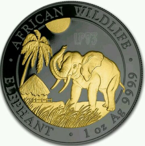 2017 1 Oz Silver Somalia Elephant Ruthenium plated, Gold Gilded Coin.