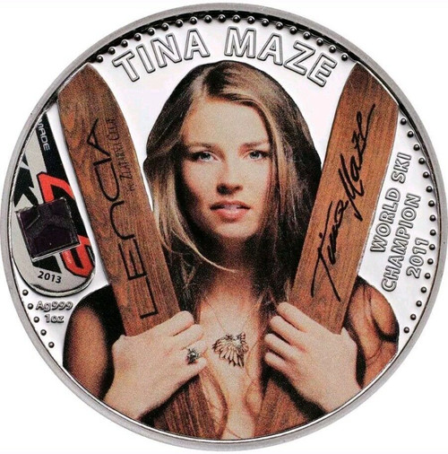 2013 1 Oz Silver Cook Islands 5$ TINA MAZE Official World Ski Champion Coin..